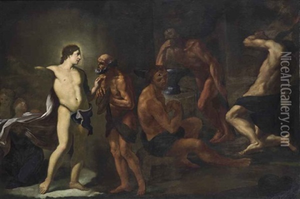 Apollo In The Forge Of Vulcan Oil Painting - Andrea Sacchi