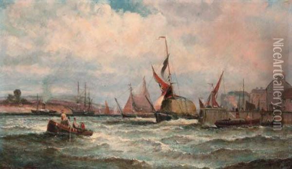 North Shields Fishing Boats On The Beach; And Hay Barges On Anincoming Tide Oil Painting - William A. Thornley Or Thornber