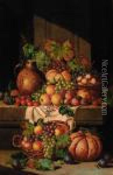A Flask On A Ledge, With Baskets Of Grapes, Plums, Apples Andsquashes Oil Painting - Charles Thomas Bale