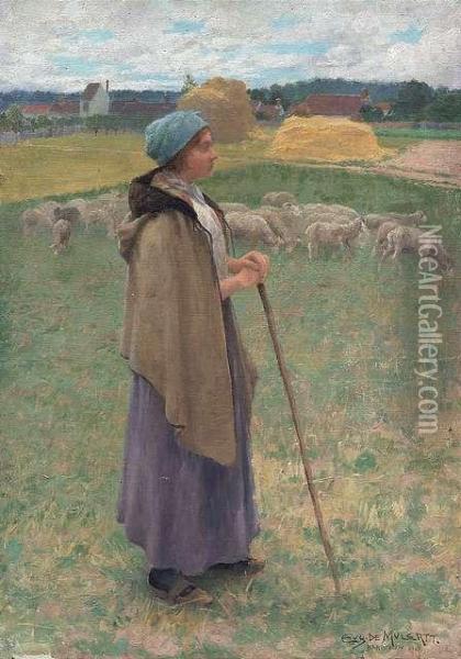 Shepherdess With Her Flock On A Summery Meadow Oil Painting - Carl Eugene Mulertt