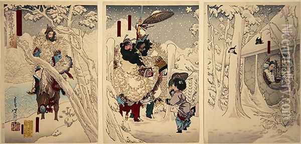Gentoku visits Komei in the snow, from Illustrations for the Romance of the Three Kingdoms, 1883 Oil Painting - Tsukioka Yoshitoshi