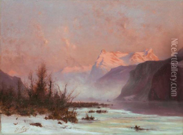 Paysage En Hiver Au Bord Du Lac Avec Montagnes Oil Painting - Gabriel Loppe