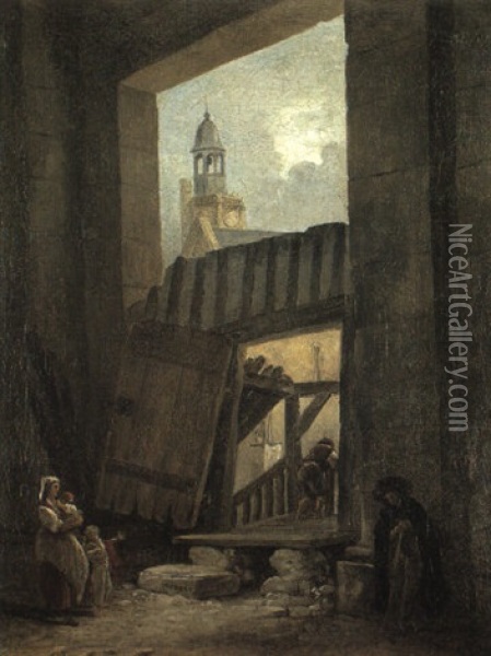 Personnages Devant Une Porte Monumentale, Le Clocher D'une Eglise Derriere Oil Painting - Hubert Robert