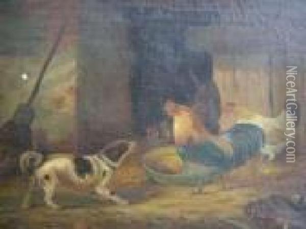 Dog And Roosters Oil Painting - Carl Friedrich Deiker