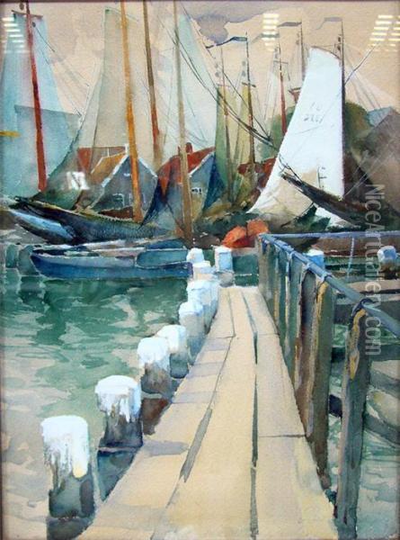 Bootssteg Mit Ankernden Segelbooten Oil Painting - Rudolf Possin