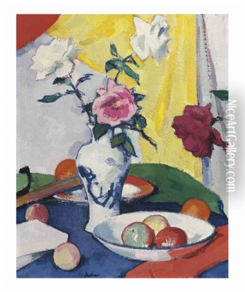 Still Life With Roses, Yellow Background Oil Painting - Samuel John Peploe