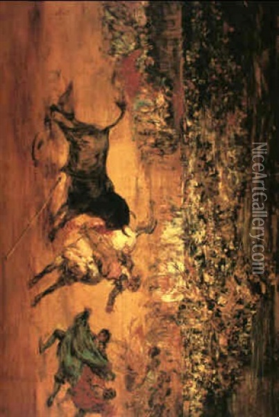 Picadors Drawing A Bull From A Gored Horse And Toreador Oil Painting - Eugenio Lucas Villamil