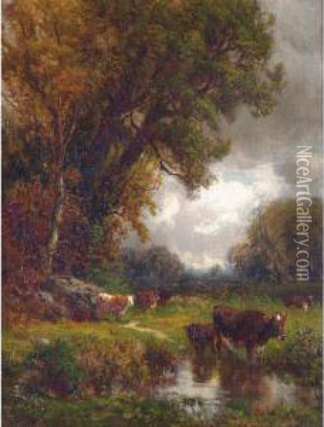 Cows Resting By A Stream Oil Painting - William M. Hart