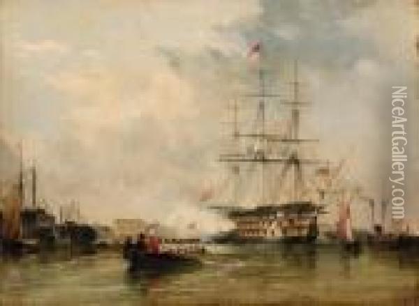 Gosport: Flagship At Portsmouth, Victory Saluting Oil Painting - Edward William Cooke