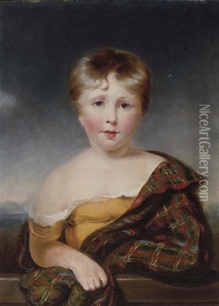 Portrait Of A Child In Plaid Leaning On A Balustrade Oil Painting - Margaret Sarah Carpenter