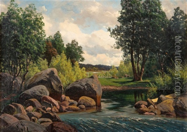 River Landscape Oil Painting - Fanny Maria Churberg