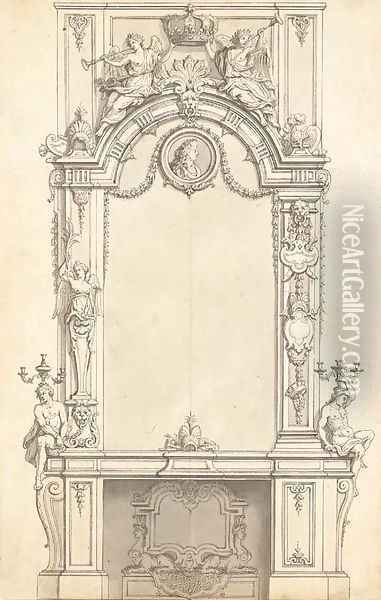 A design for a fireplace below a mirror decorated with a medallion of King Louis XIV and two Allegories of Fortune holding the Royal Crown Oil Painting - Jean I Berain