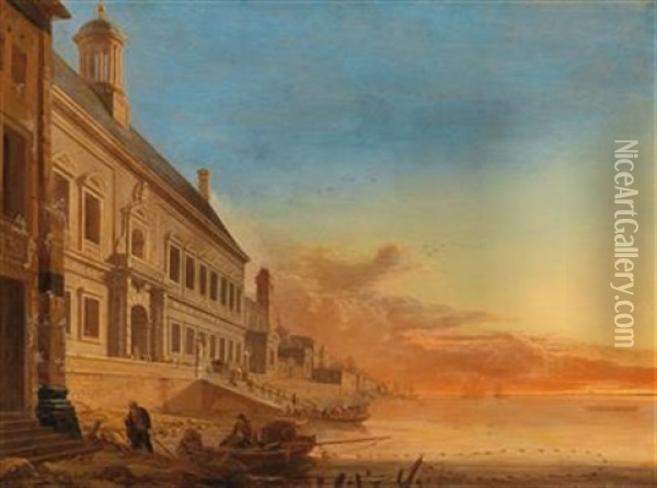 A Palace On A Southern Harbour Promenade In The Evening Light Oil Painting - Gerard Houckgeest