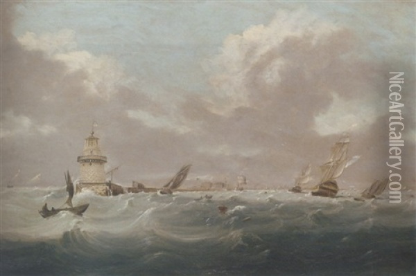 Shipping In Dublin Bay, With Poolbeg Lighthouse And The Sugar Loaf Beyond Oil Painting - William Sadler the Younger