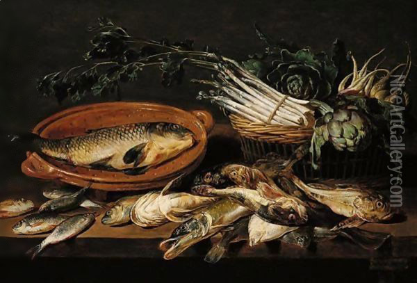 A Still Life Of Artichokes, Asparagus, Radishes, And Turnips In A Wicker Basket, With A Carp In A Terracotta Dish, Together With Salt- And Fresh-Water Fish, All Arranged Upon A Table-Top Oil Painting - Adriaen van Utrecht
