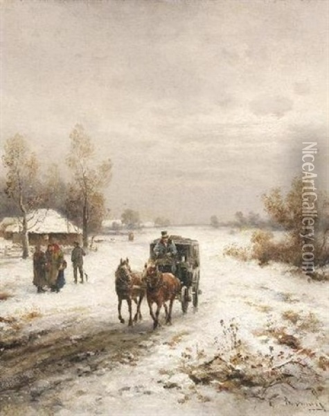 Postkutsche Auf Verschneitem Weg Vor Einem Dorf Oil Painting - Emil Barbarini