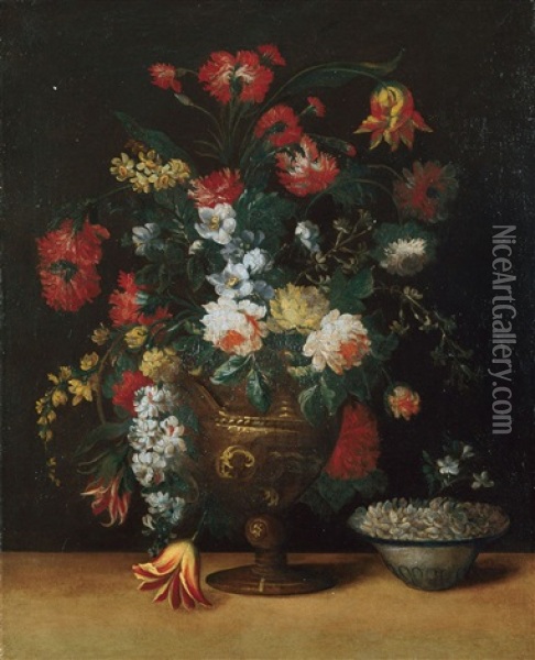 Blumenstilleben Mit Einer Vase Mit Blumen Und Einer Schale Mit Blutenblattern Oil Painting - Margherita Caffi
