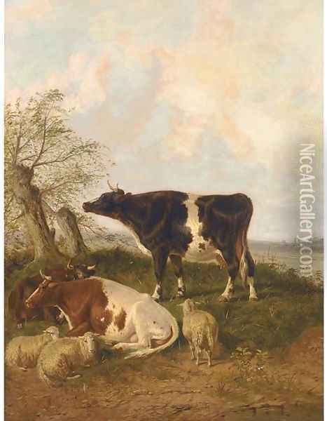 Cattle and sheep resting in a river landscape Oil Painting - Thomas Sidney Cooper