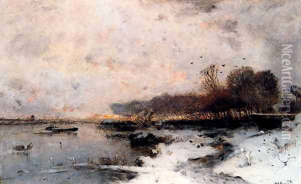 A Winter River Landscape At Sunset Oil Painting - Wilhelm von Gegerfelt
