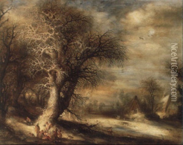 Peasants And Travellers Resting By An Open Fire In A Winter Landscape Oil Painting - Camillo Guerra