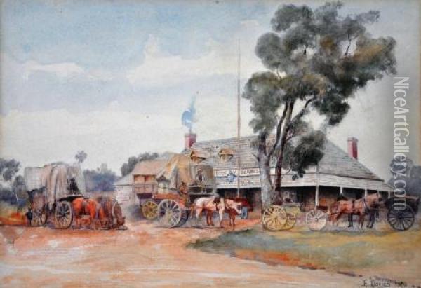 a Wayside Inn And Wool Wagons Oil Painting - Edward Davies