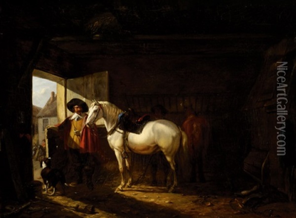 Stable-interior Oil Painting - Joseph Anne Jules le Roy