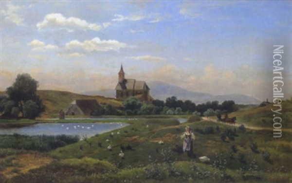 Gansehirtin Vor Einem Dorfkirchenlein Oil Painting - Gustav Ranzoni