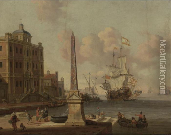 A Capriccio Of A Mediterranean 
Harbour, With Figures Conversing On The Waterfront, A Palazzo Beyond Oil Painting - Jacobus Storck