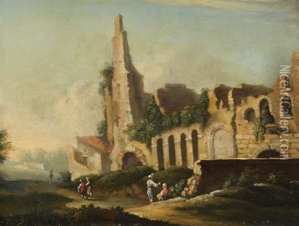 Landscape With Ruins And Figures Oil Painting - Willem Van Bemmel