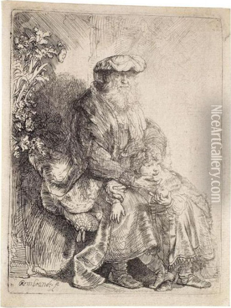 Abraham Isaak Liebkosend Oil Painting - Rembrandt Van Rijn