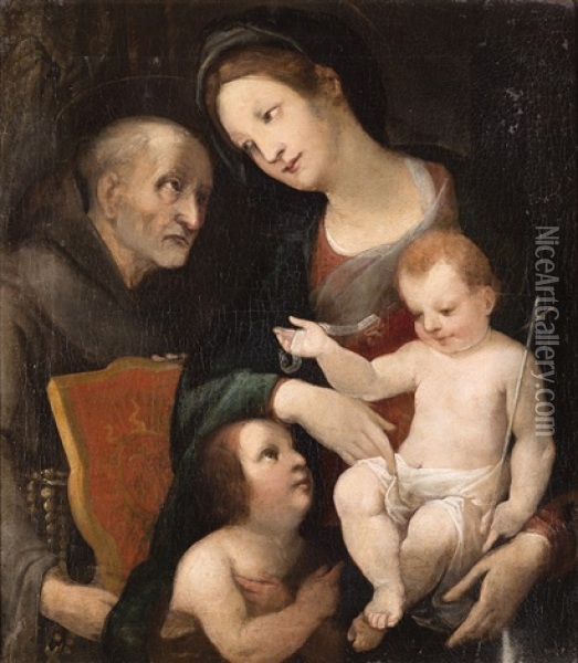 Madonna Col Bambino, San Giovannino E San Bernardino Da Siena Oil Painting - Vincenzo Rustici