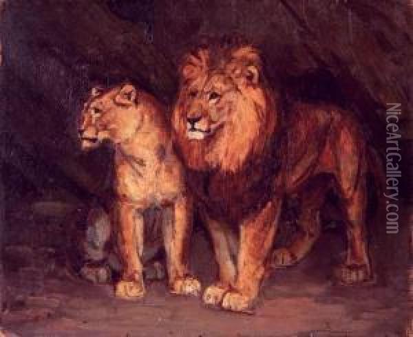 Lion Et Lionne A L'arret Oil Painting - Eugene Cartier