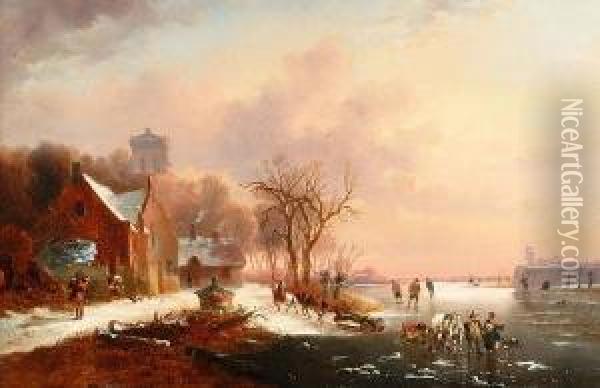 Winter Landscape With Figures, Horses And Sleighs On A Frozen Lake Oil Painting - Alexis de Leeuw