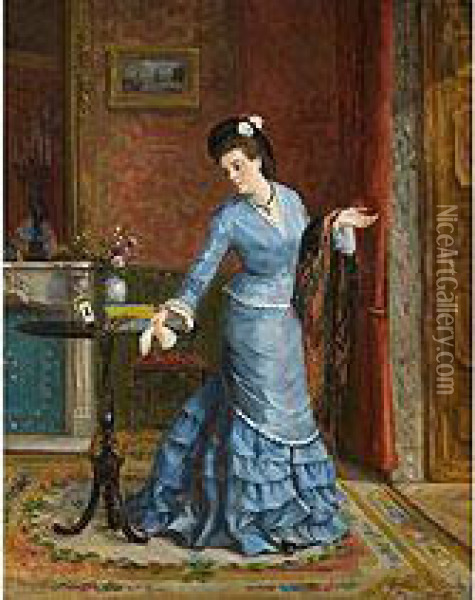 Dame In Blauem Seidenkleid Oil Painting - Gustave Leonhard de Jonghe