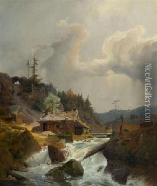 Wood Cutter's Hut At A Mountain Stream. Oil Painting - Andreas Achenbach