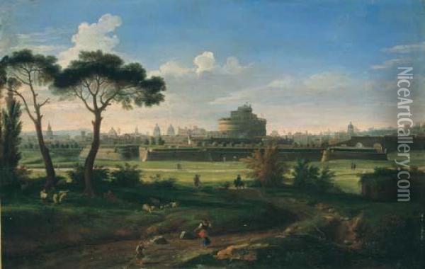 Vue De Rome Avec Le Chateau Saint-ange Oil Painting - (circle of) Wittel, Gaspar van (Vanvitelli)