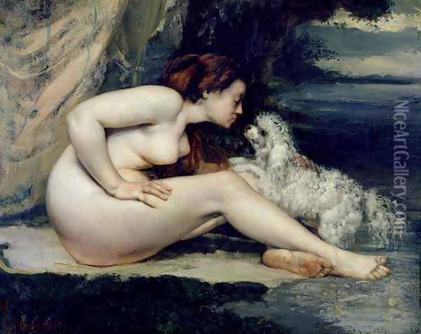 Female Nude with a Dog (Portrait of Leotine Renaude) 1861-62 Oil Painting - Jean-Baptiste-Camille Corot