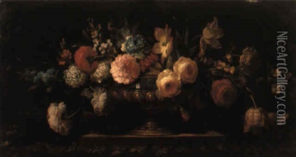 Roses, Orillets, Lilas Et Autres Fleurs Dans Une Coupe Sur Un Socle Oil Painting - Pierre Nicolas Huilliot