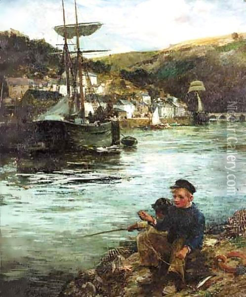 Boys Fishing In Looe Harbour Oil Painting - Robert Reid
