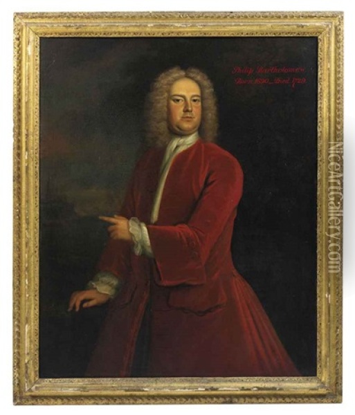 Portrait Of Philip Bartholomew In A Red Coat And White Stock, Standing In A Landscape, Pointing To A Church Beyond Oil Painting - John Wollaston