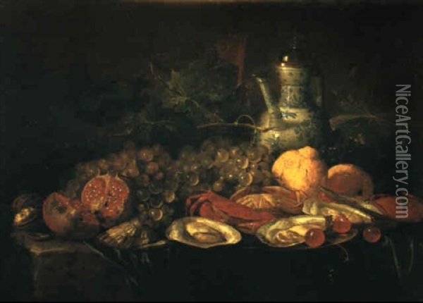 Grapes, Lemons, Cherries, A Pomegranite, Oysters, Crabs And A Ewer On A Draped Ledge Oil Painting - Jan Davidsz De Heem