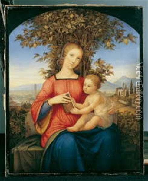 Madonna Mit Kind Auf Einer Gartenbank Sitzend. Im Hintergrund Das Panorama Von Florenz Oil Painting - Julius Schnorr Von Carolsfeld