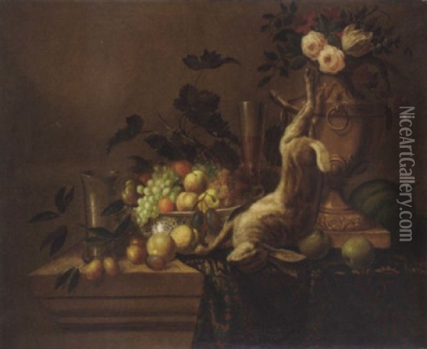 Peaches, Oranges And Plums In A Blue And White Porcelain Bowl With Grapes On The Vine, A Rabbit And An Ormulu Vase On A Stone Ledge Oil Painting - Alexandre Francois Desportes