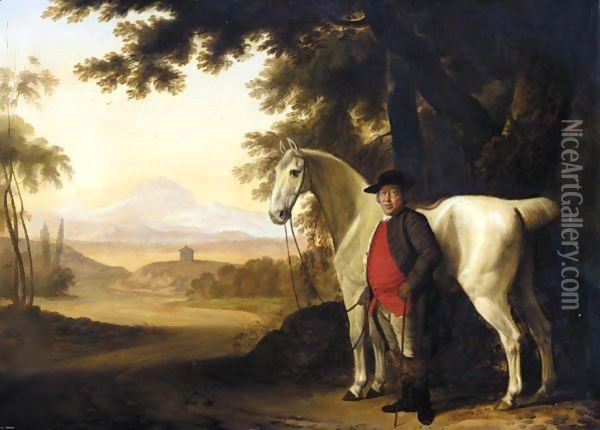 A Grey Horse Held By Its Owner In A Landscape Oil Painting - George Garrard