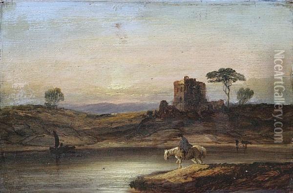 Watering By A Castle Oil Painting - Horatio McCulloch
