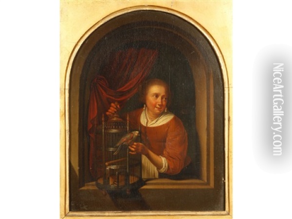 Young Girl With A Perroquet In A Niche, The Reverse With An Heraldic Seal Oil Painting - Gerrit Dou