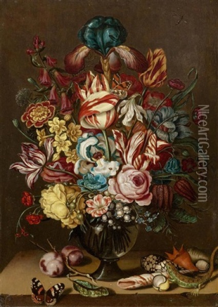 A Bouquet Of Flowers In A Glass Vase On A Stone Table Top With Insects And Seashells Oil Painting - Ambrosius Bosschaert the Younger