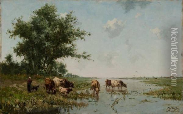 Vachere Et Son Troupeau Au Bord De L'eau Oil Painting - Frans Courtens