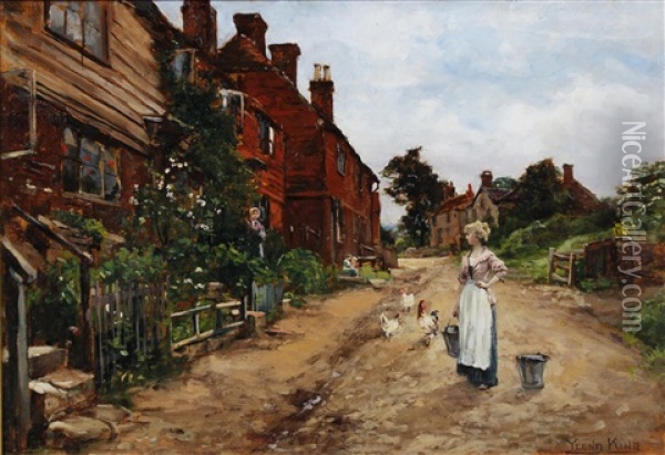 Village Lane With Young Maid Feeding Chickens Oil Painting - Henry John Yeend King