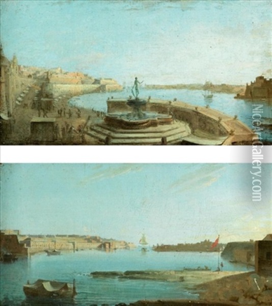 A View Of Valetta Harbour, Malta, From The Neptune Fountain (+ A Panoramic View Of Valetta Harbour; Pair) Oil Painting - Giorgio Pullicino